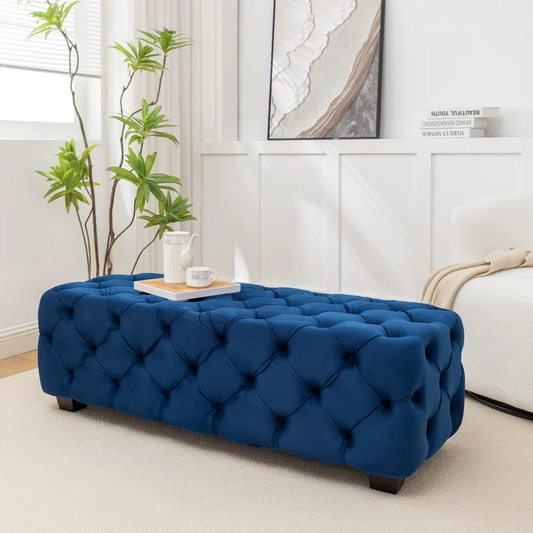 Artistic Tufted Blue Velvet Rectangular Ottoman