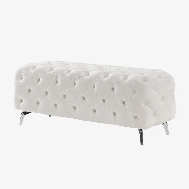 Artistic Tufted White Velvet Rectangular Ottoman