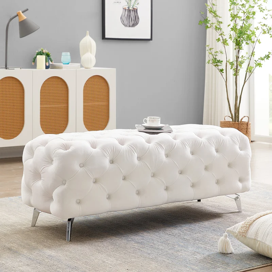 Artistic Tufted White Velvet Rectangular Ottoman