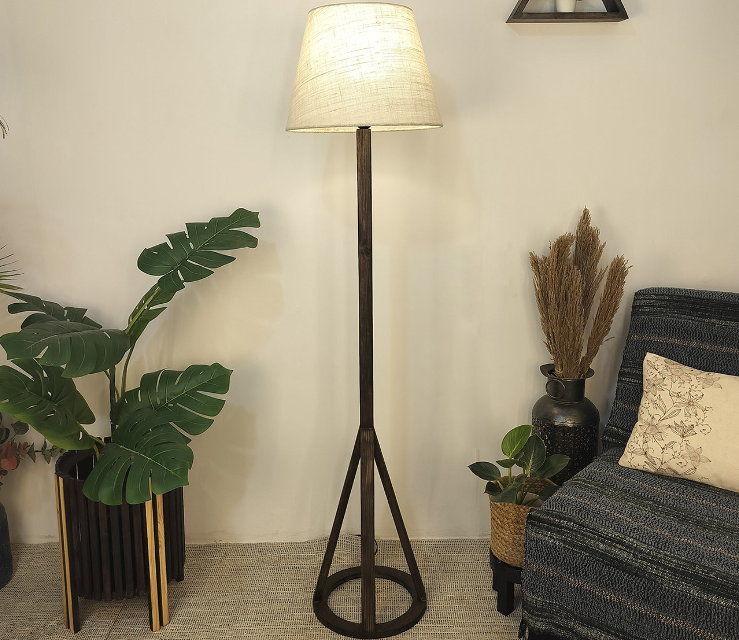 Artistic Wooden Floor Lamp with Premium Beige Fabric Lampshade