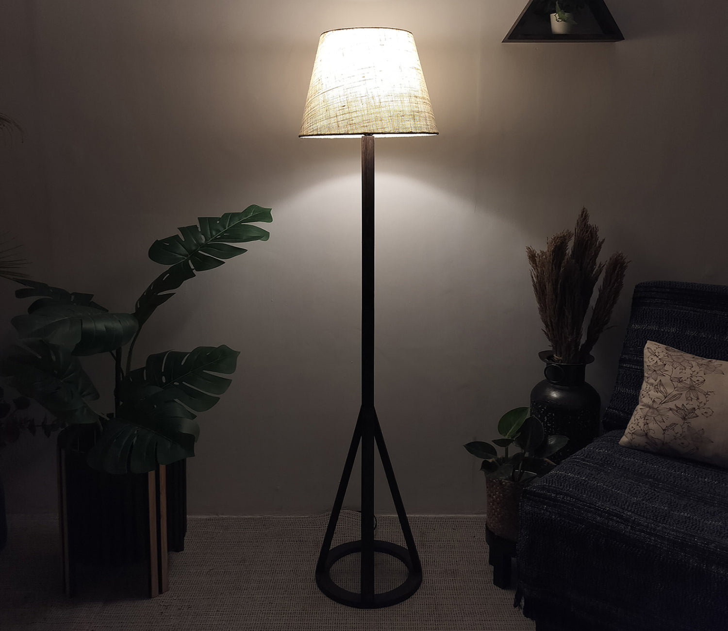 Artistic Wooden Floor Lamp with Premium Beige Fabric Lampshade