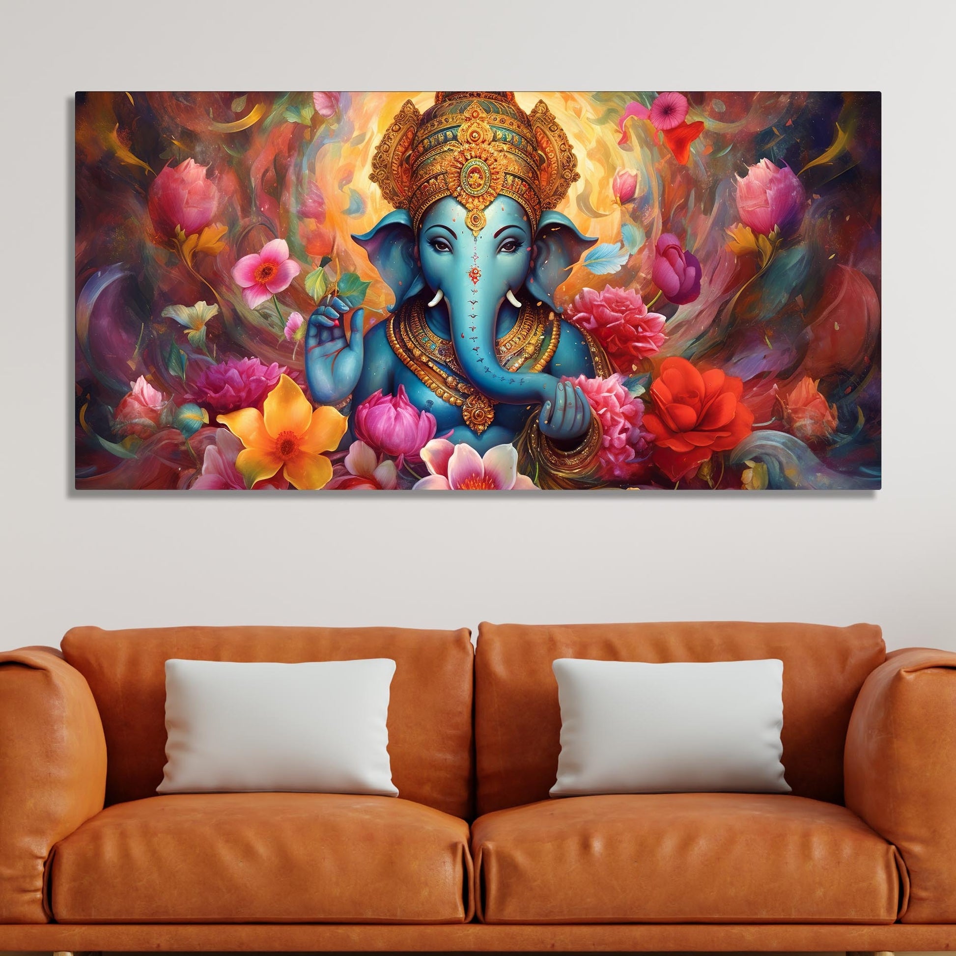 Auspicious Ganpati Floral Premium Canvas Wall Painting