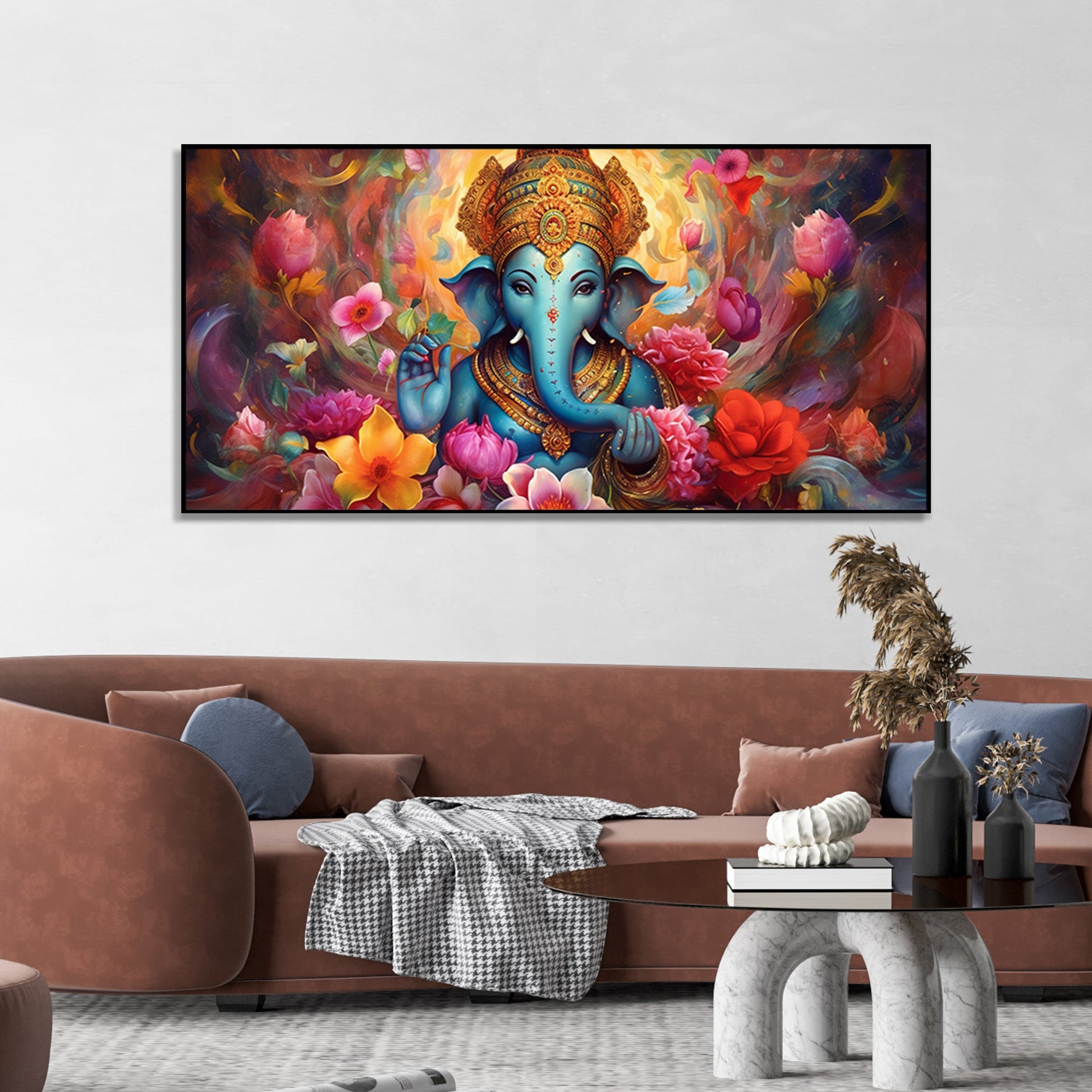 Auspicious Ganpati Floral Premium Canvas Wall Painting