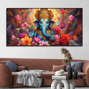 Auspicious Ganpati Floral Premium Canvas Wall Painting