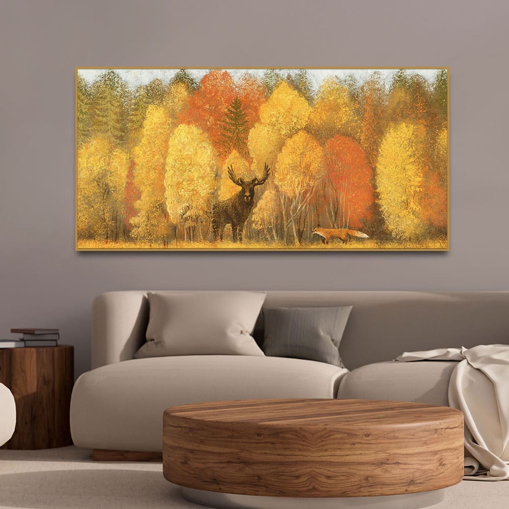 Autumn Foliage with Moose and Fox Premium Canvas Wall Painting