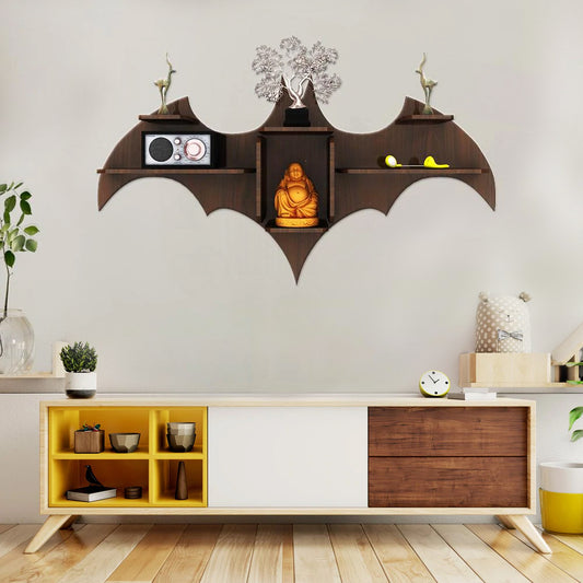 Bat Shape Backlit Designer Wooden Wall Shelf Book Shelf Night Light, Walnut Finish