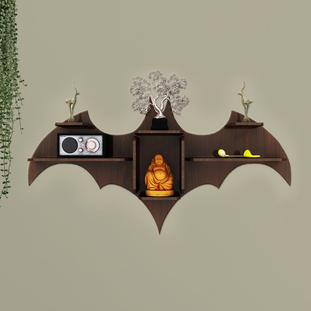 Bat Shape Backlit Designer Wooden Wall Shelf Book Shelf Night Light, Walnut Finish