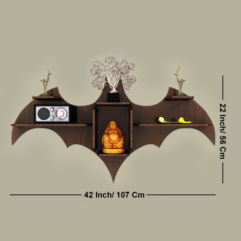 Bat Shape Backlit Designer Wooden Wall Shelf Book Shelf Night Light, Walnut Finish