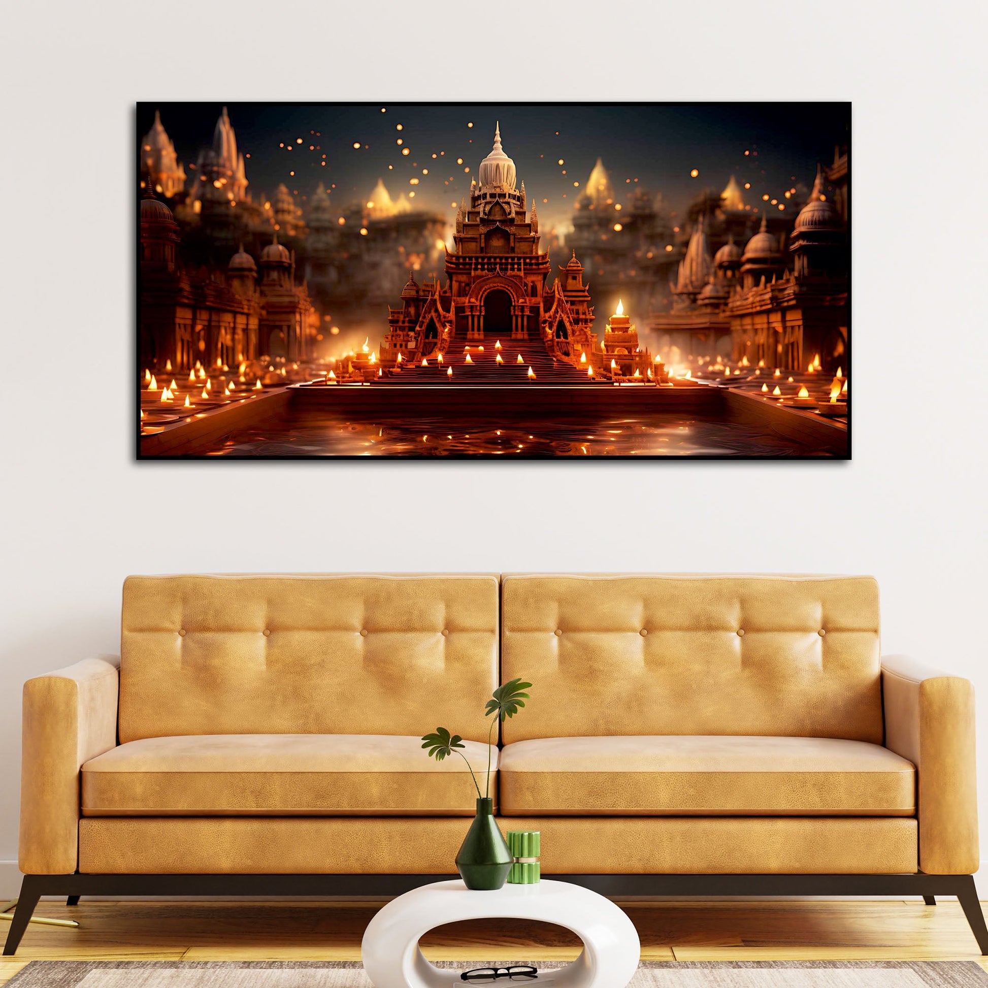 Beautiful  Adorned Diwali View of a Temple Canvas Wall Painting