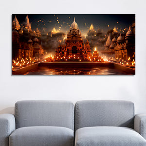 Beautiful  Adorned Diwali View of a Temple Canvas Wall Painting