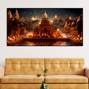 Beautiful  Adorned Diwali View of a Temple Canvas Wall Painting