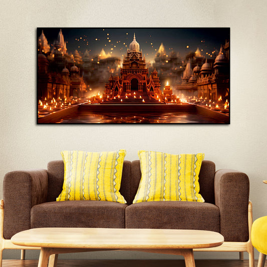 Beautiful  Adorned Diwali View of a Temple Canvas Wall Painting