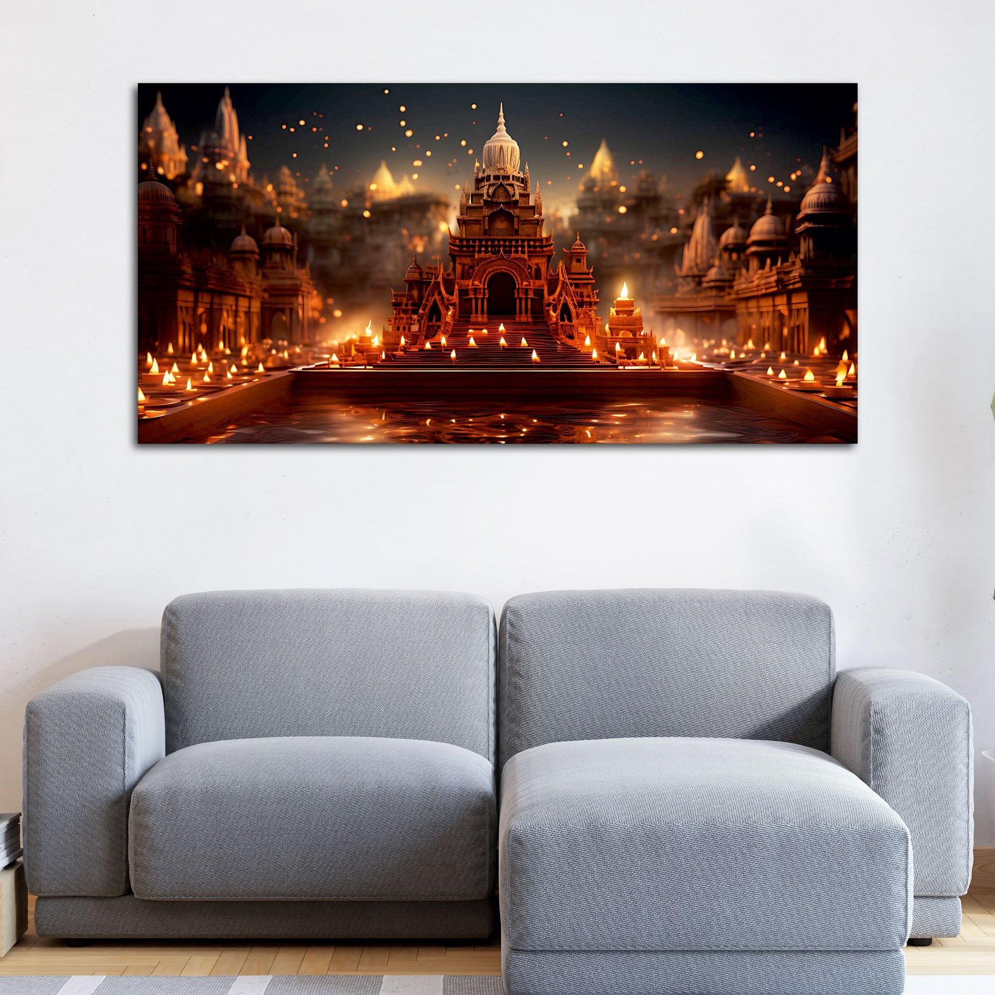 Beautiful  Adorned Diwali View of a Temple Canvas Wall Painting