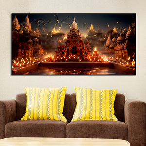 Beautiful  Adorned Diwali View of a Temple Canvas Wall Painting