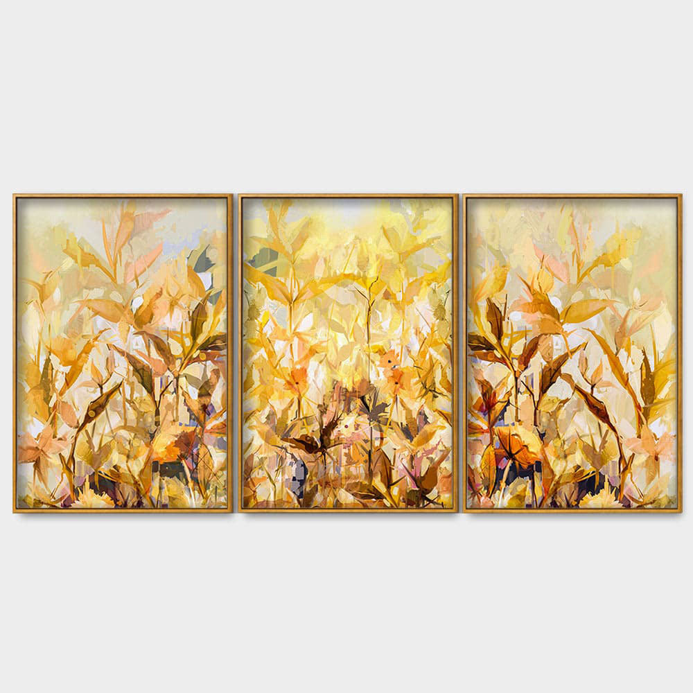 Beautiful Autumn Season with Yellow Leaves Floating Canvas Wall Painting Set of Three