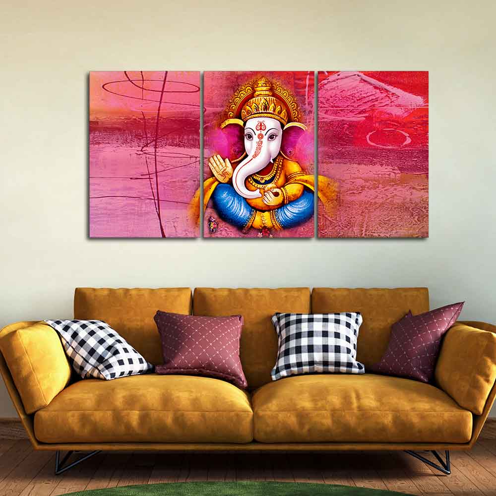 Beautiful Bal Ganesha 3 Pieces Canvas Wall Painting