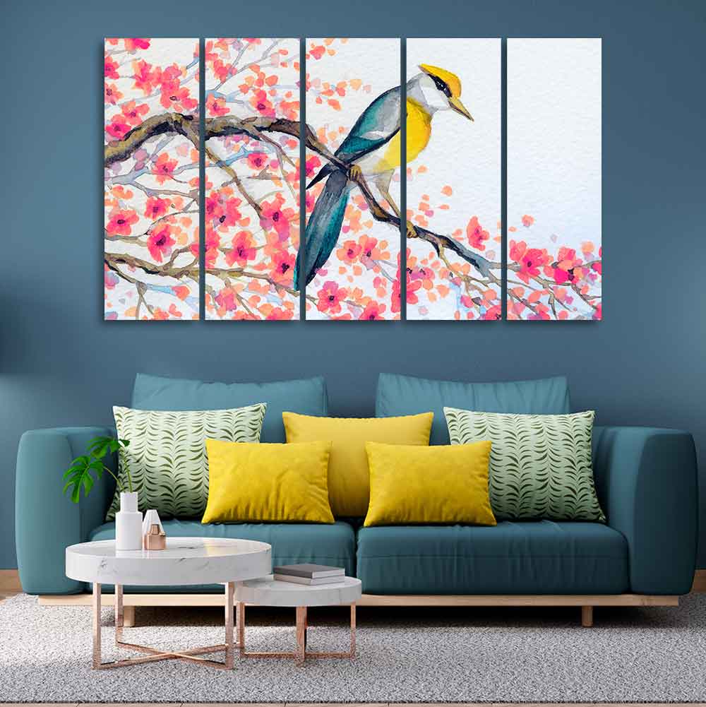 Beautiful Bird on Tree Branch Wall Painting of Five pieces