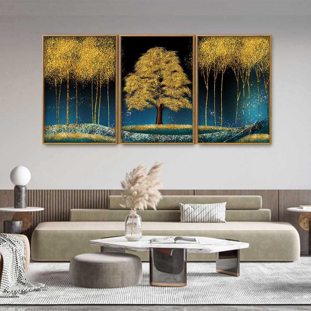 Beautiful Blue Sky and Golden Tree Floating Canvas Wall Painting Set of Three