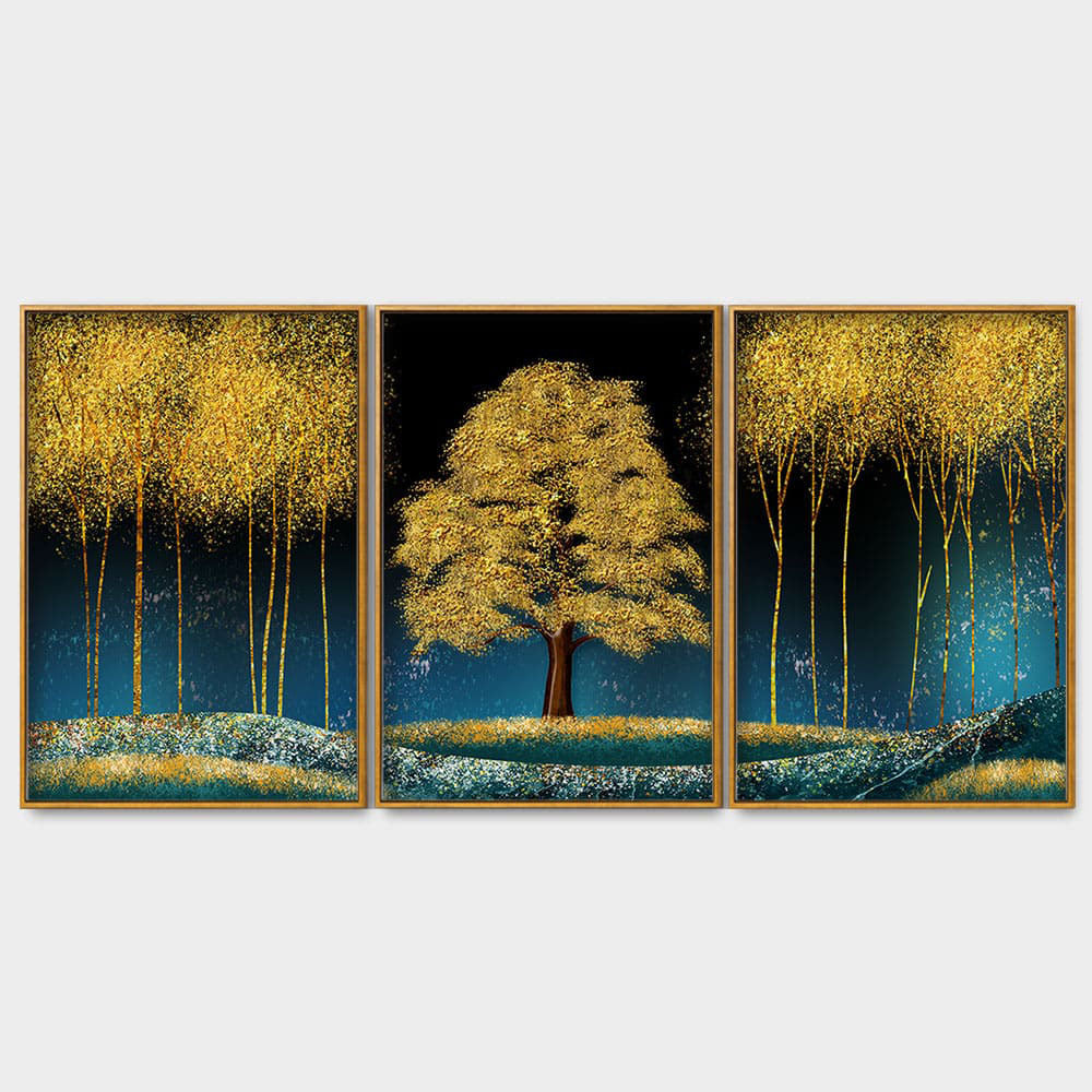 Beautiful Blue Sky and Golden Tree Floating Canvas Wall Painting Set of Three