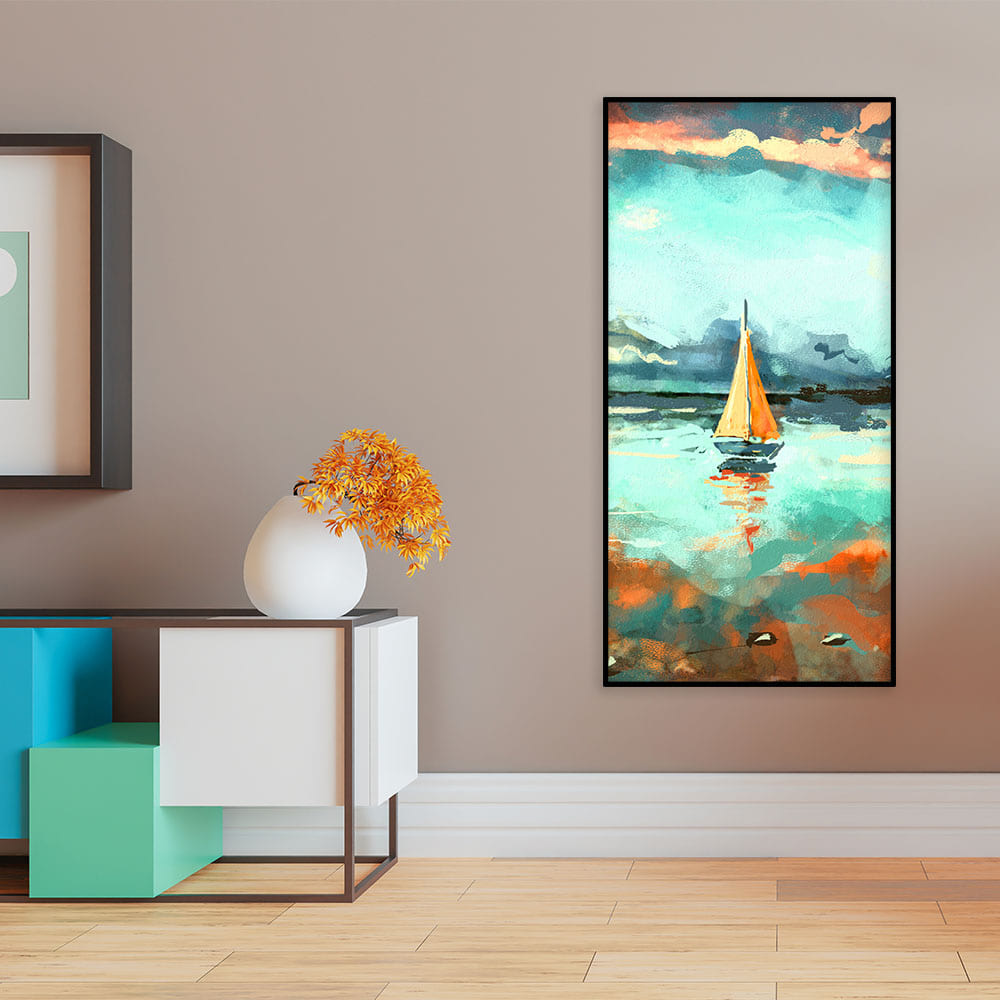 Beautiful Boat in The Ocean at Sunset Premium Canvas Wall Painting