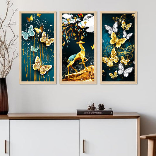 Beautiful Crystal Butterfly Pattern Art Wooden Wall Frame Set of Three