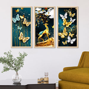 Beautiful Crystal Butterfly Pattern Art Wooden Wall Frame Set of Three