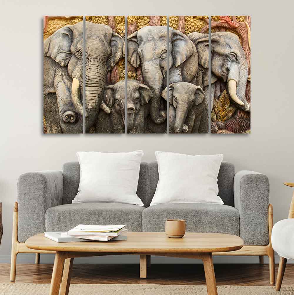 Beautiful Elephants Premium Wall Painting Set of Five