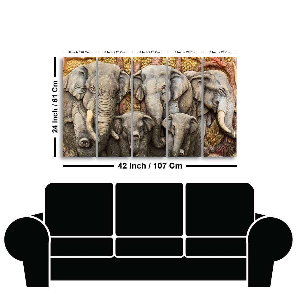 Beautiful Elephants Premium Wall Painting Set of Five