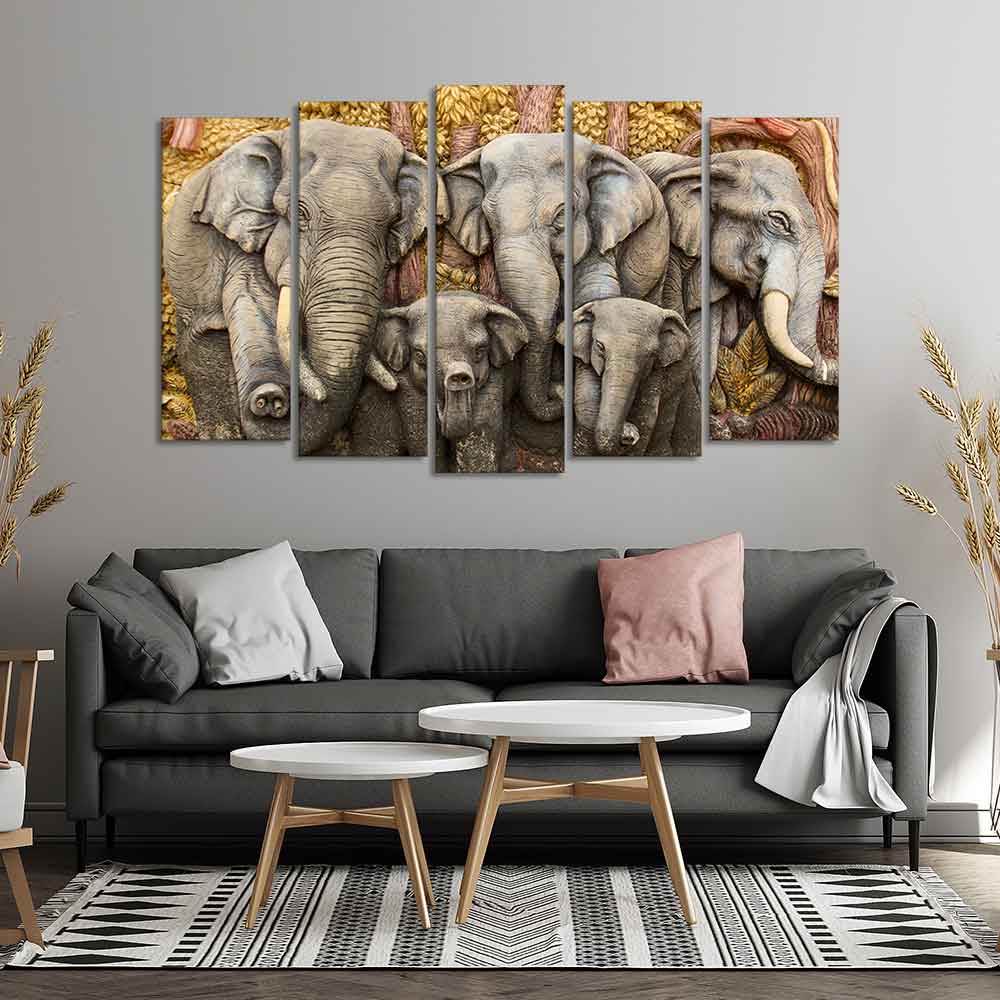 Beautiful Elephants Premium Wall Painting Set of Five Pieces