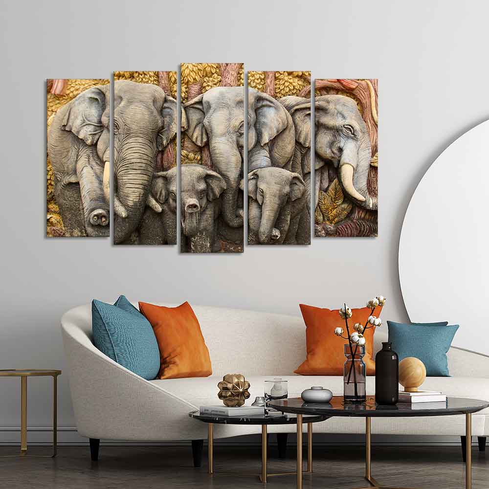 Beautiful Elephants Premium Wall Painting Set of Five Pieces