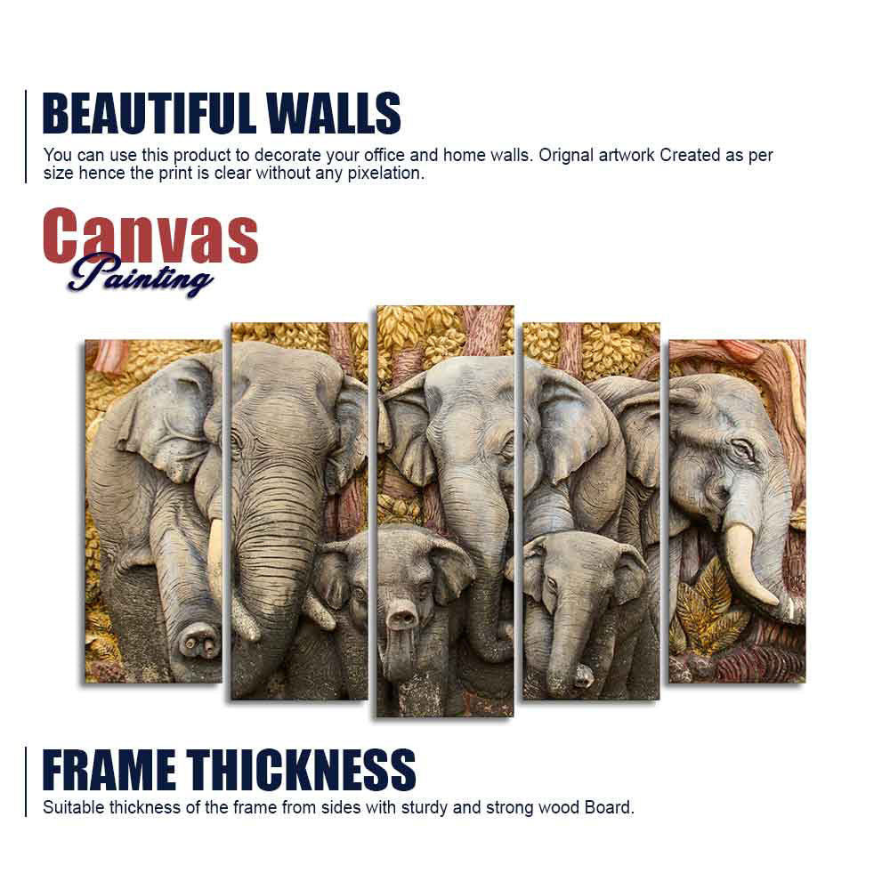 Beautiful Elephants Premium Wall Painting Set of Five Pieces