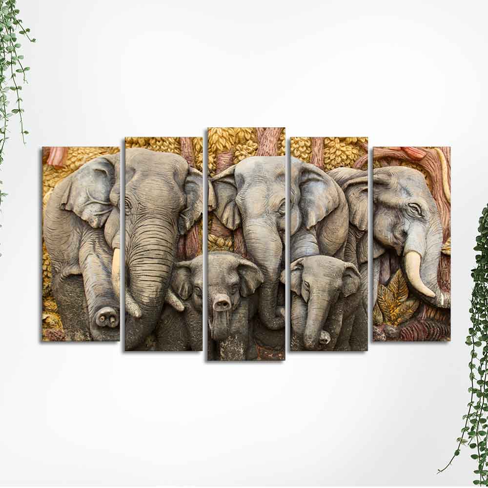 Beautiful Elephants Premium Wall Painting Set of Five Pieces