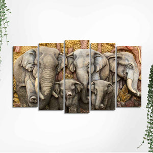 Beautiful Elephants Premium Wall Painting Set of Five Pieces