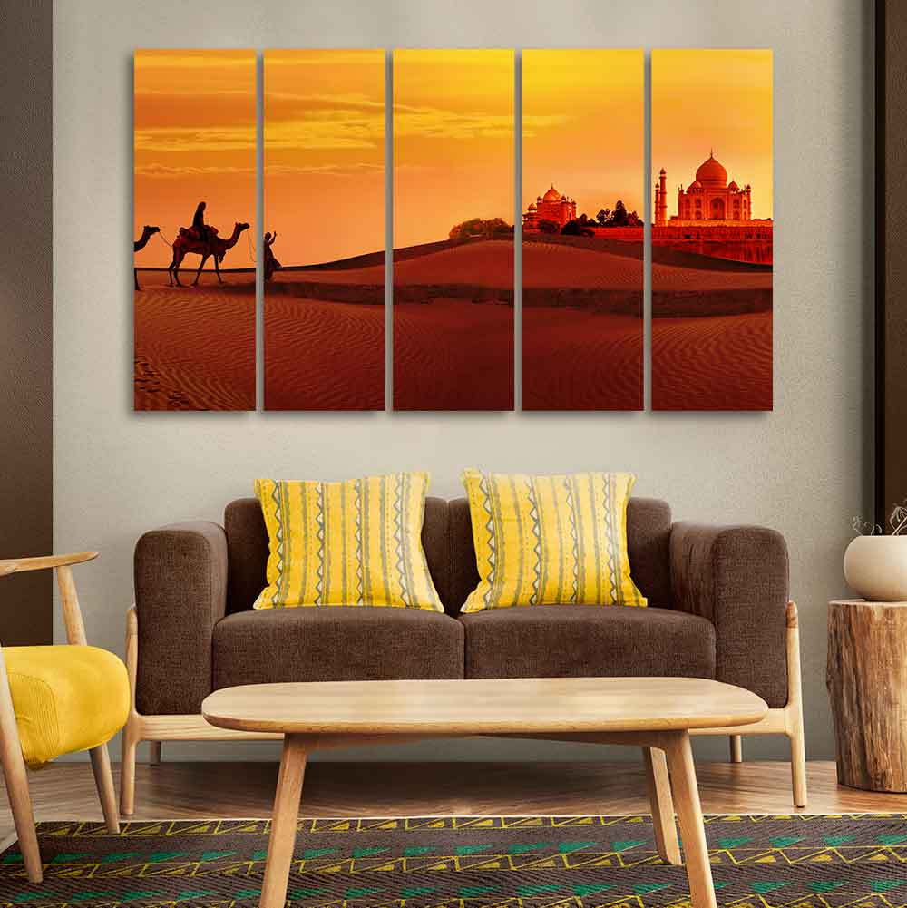 Beautiful Five Pieces Wall Painting of Camel Caravan Heading to Taj Mahal