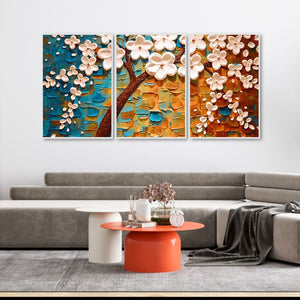 Beautiful Floral Tree Art with White Flower Floating Canvas Wall Painting Set of Three