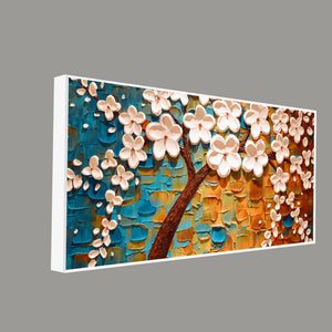 Beautiful Floral Tree Art with White Flower Premium Canvas Wall Painting