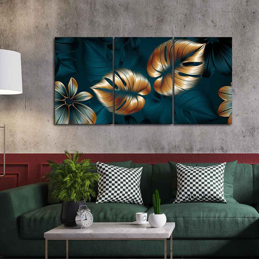 Beautiful Flower & Monstera Leaves Wall Painting of 3 Pieces