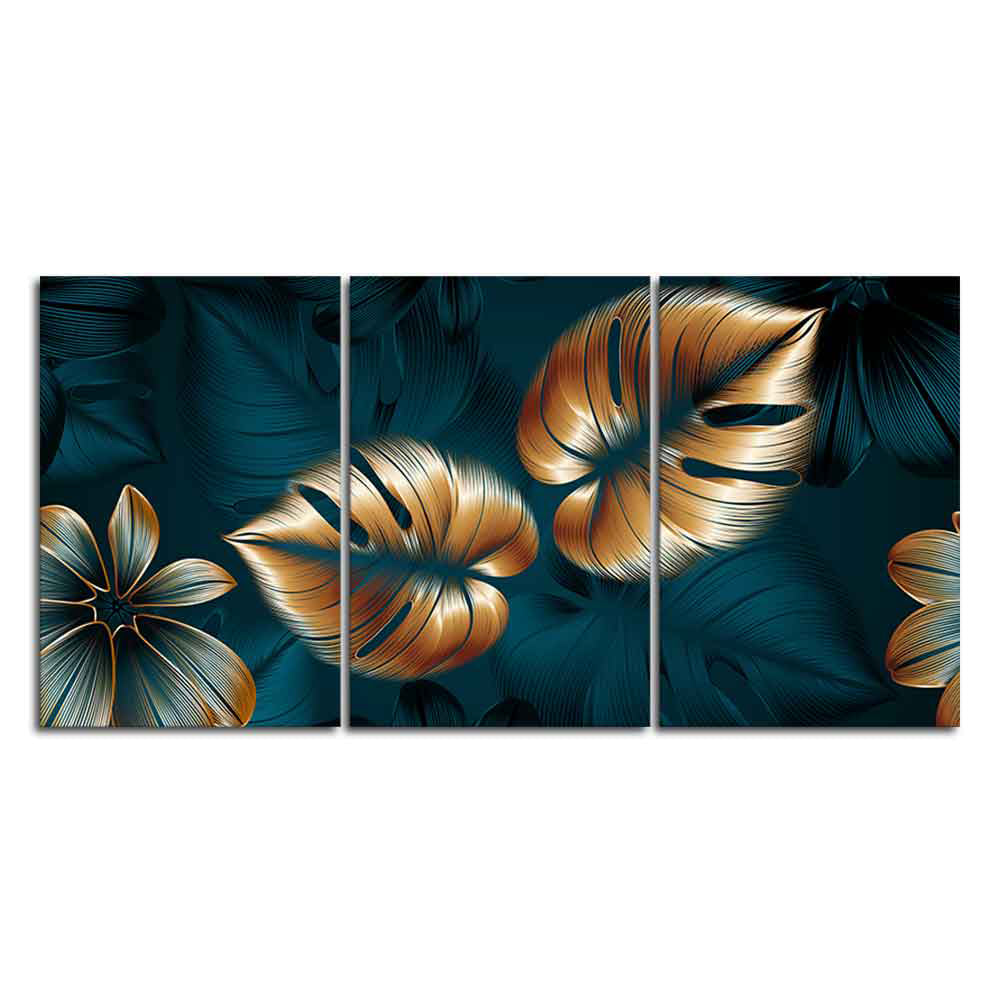 Beautiful Flower & Monstera Leaves Wall Painting of 3 Pieces