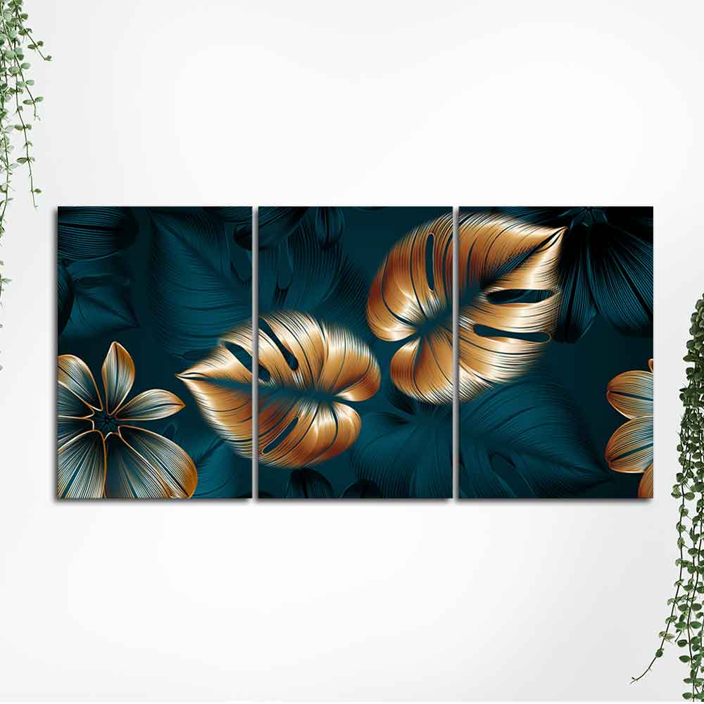 Beautiful Flower & Monstera Leaves Wall Painting of 3 Pieces