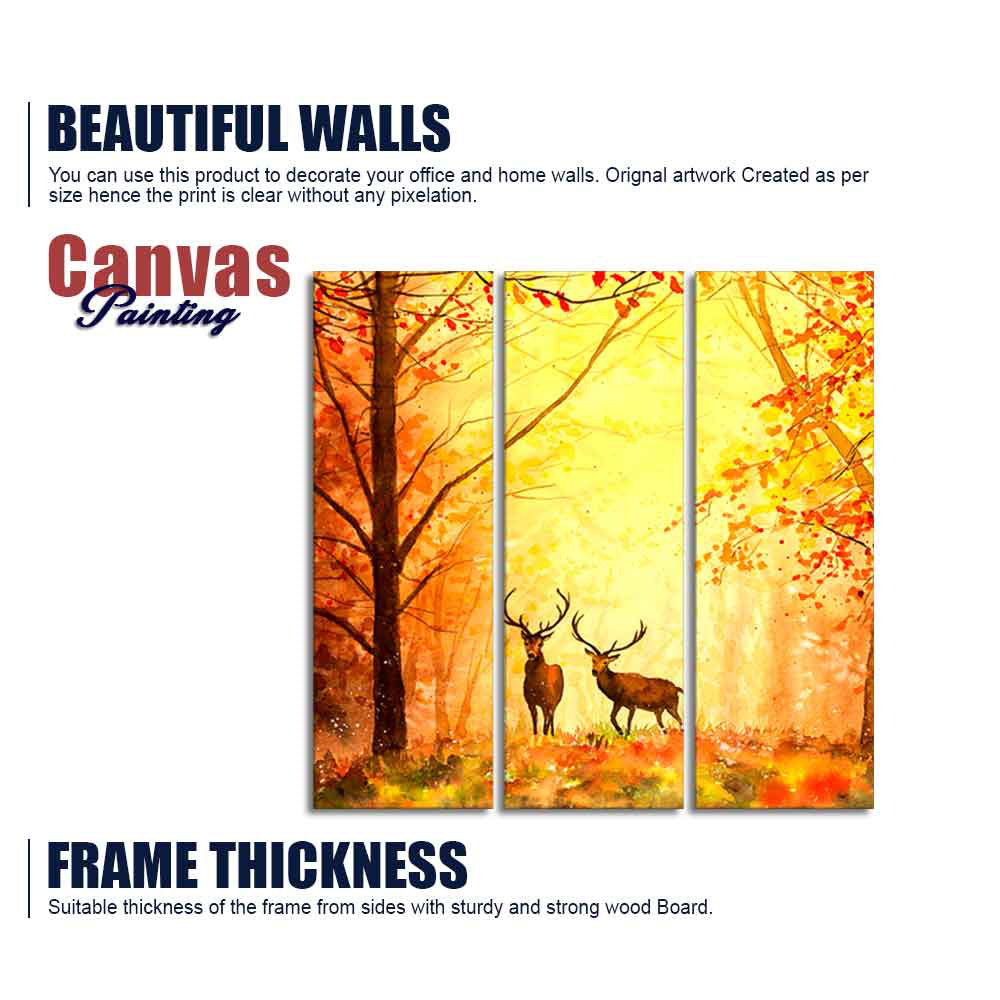 Beautiful Forest Deer Canvas Wall Painting of 3 Pieces