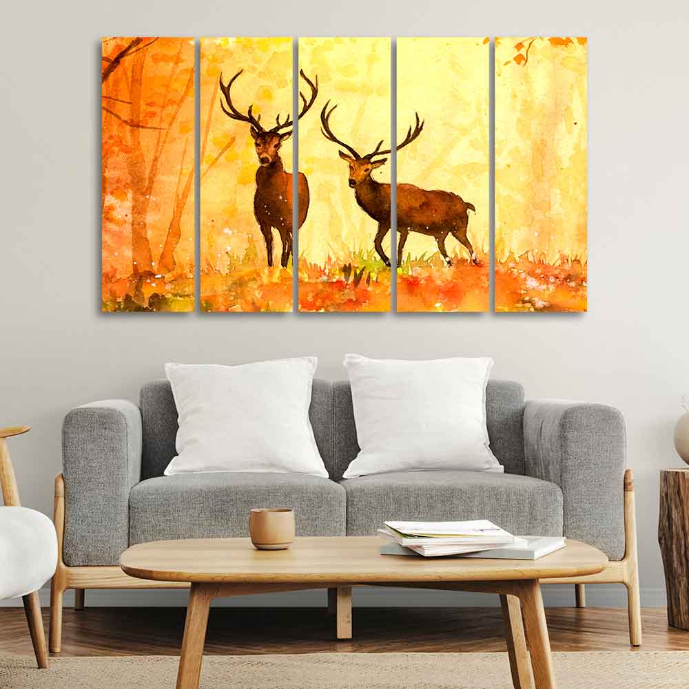 Beautiful Forest Deer Canvas Wall Painting of Five Pieces