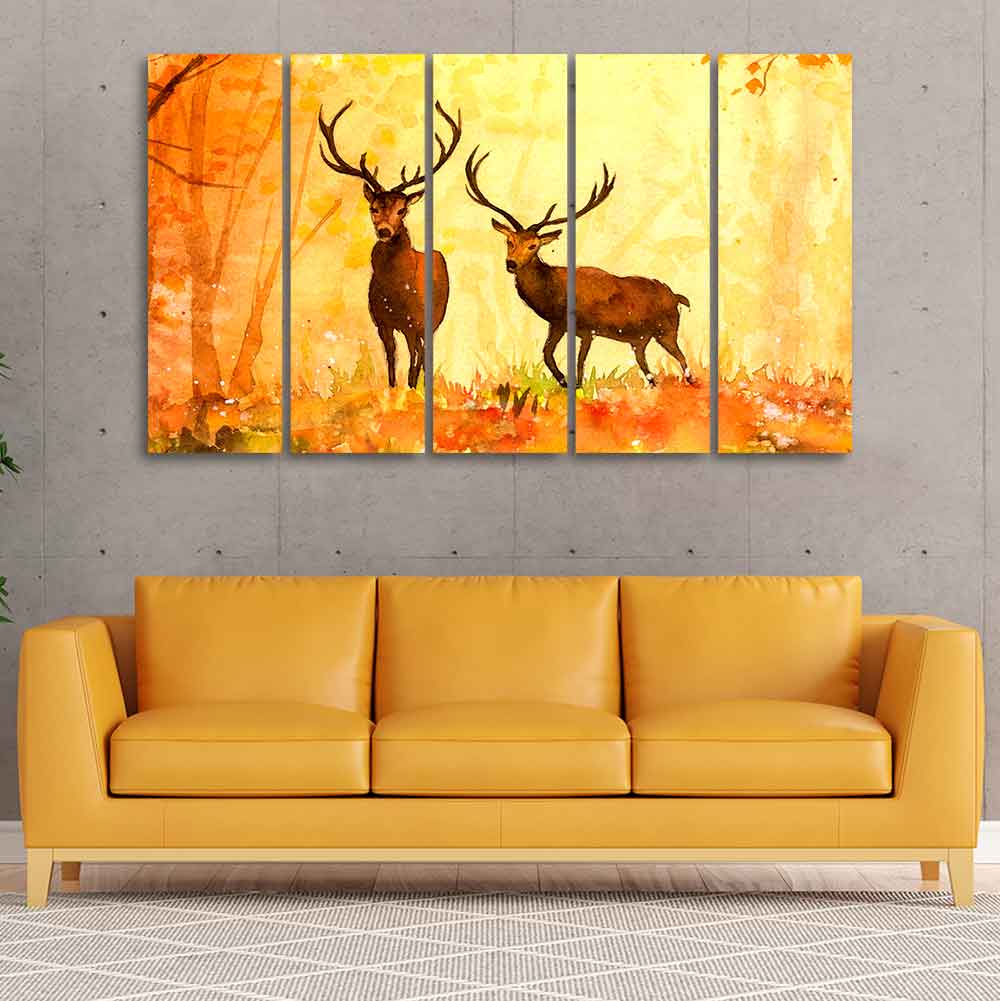 Beautiful Forest Deer Canvas Wall Painting of Five Pieces