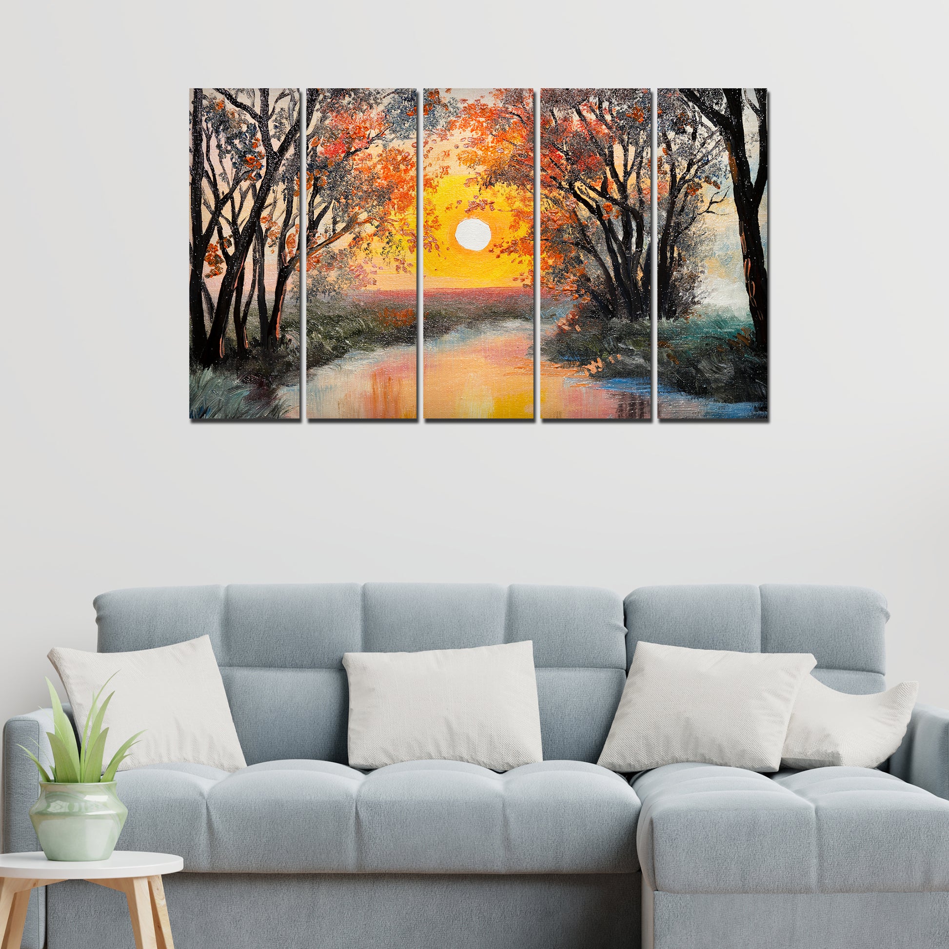 Beautiful Forest Sunset Canvas Wall Painting 5 Pieces