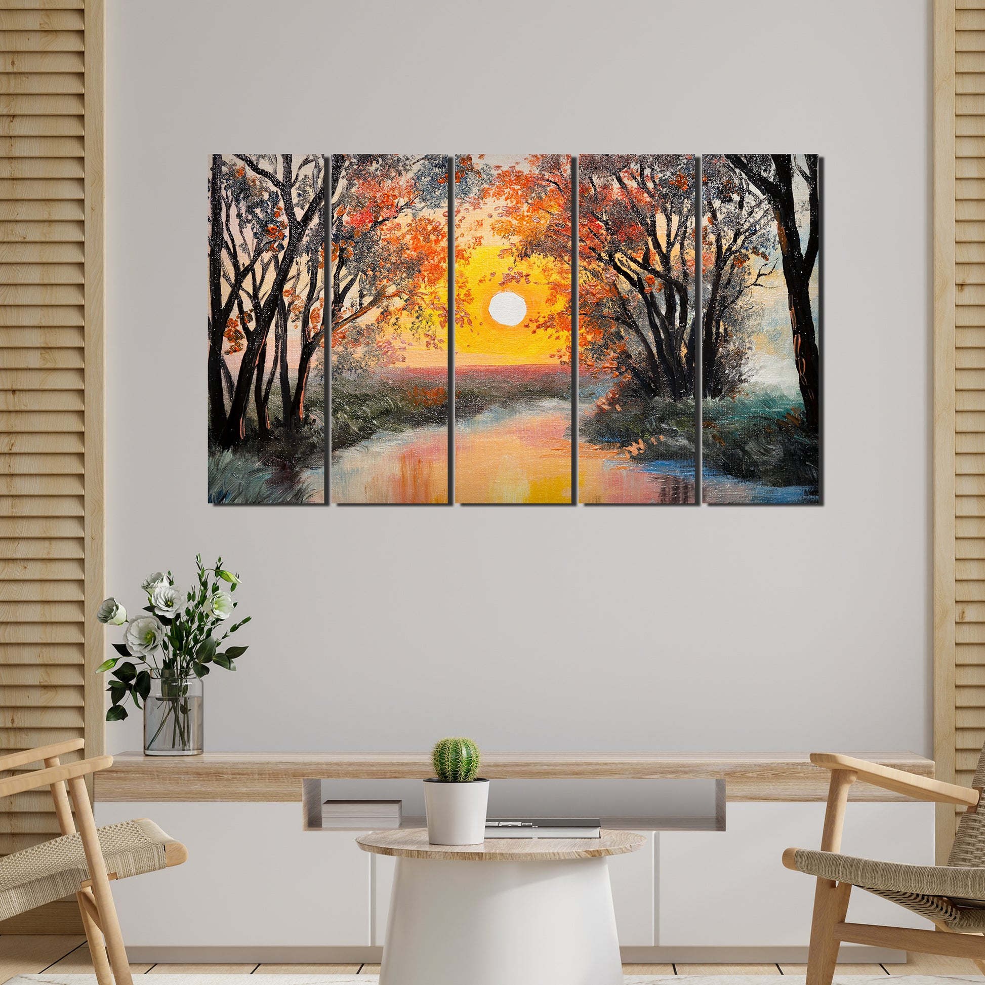 Beautiful Forest Sunset Canvas Wall Painting 5 Pieces