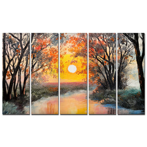 Beautiful Forest Sunset Canvas Wall Painting 5 Pieces