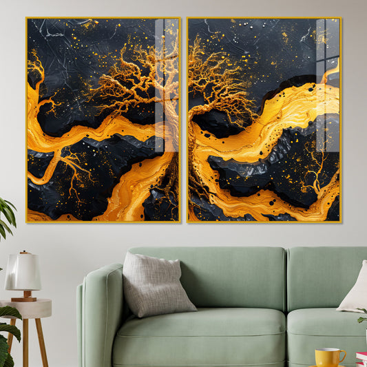 Beautiful Golden Artistic Tree Root Shaped Acrylic Art Floating Wall Painting Set of 2