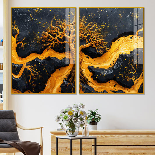 Beautiful Golden Artistic Tree Root Shaped Acrylic Art Floating Wall Painting Set of 2