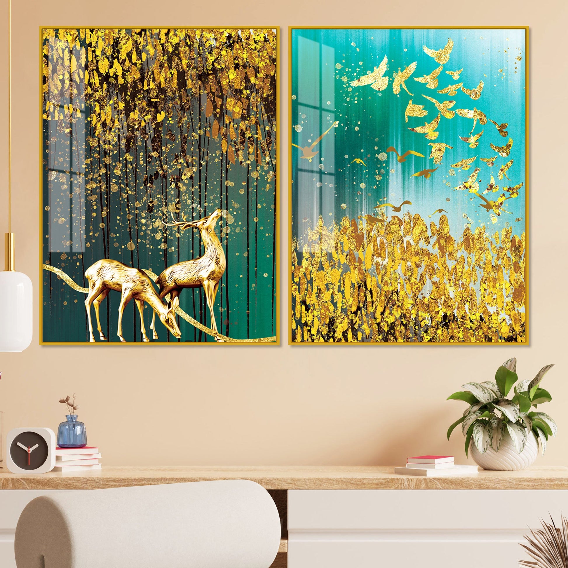 Beautiful Golden Birds and Deer Acrylic Floating Wall Painting Set Of 2