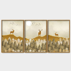 Beautiful Golden Deers Premium Floating Canvas Wall Painting Set of Three