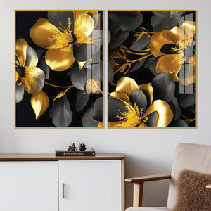 Beautiful Golden Flower Premium Acrylic Floating Wall Painting Set Of 2